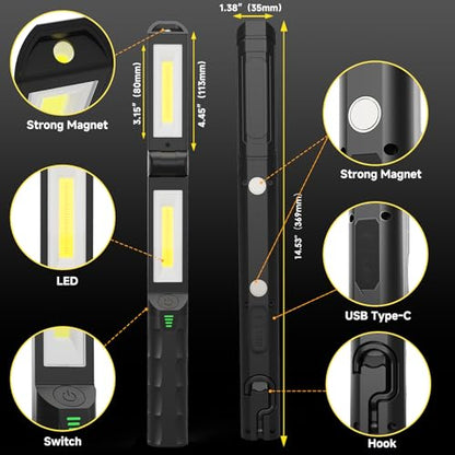2 PCS Work Light Magnetic,2600ML LED Mechanic Lights, Rechargeable Light, Underhood Light with Hooks for Car Repairing/Garage/Workshop/Emergency/Inspection Black