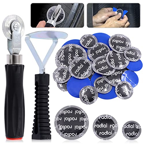 Glarks 25Pcs Tire Repair Tool Kit Including Tire Patch Roller, Tire Inner Liner Scraper and Round Natural Rubber Tire Puncture Practical Car Tire Repair Tool for Car Truck Bike