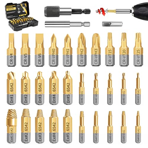 33 PCS Screw Extractor Set, HSS 6542 Titanium Easy Out Screw & Bolt Remover Kit with Magnetic Extension & Socket Adapter for Stripped, Broken, Rusted Screws - size: 33 Pieces