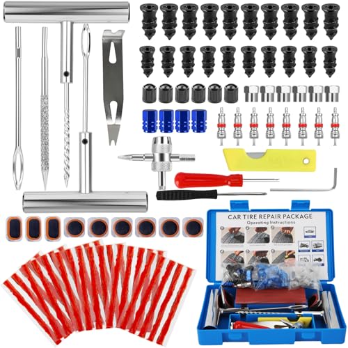 Tire Plug Kit, 95 PCS Tubeless Tire Repair Kit with Heavy-Duty Metal T-Handle Tools, Repair Strips, Screw-in Repair Plugs, Valve Core Tool, Caps & Storage Case for Car SUV Motorcycle ATV - color: 95Pcs Tire Repair Kit