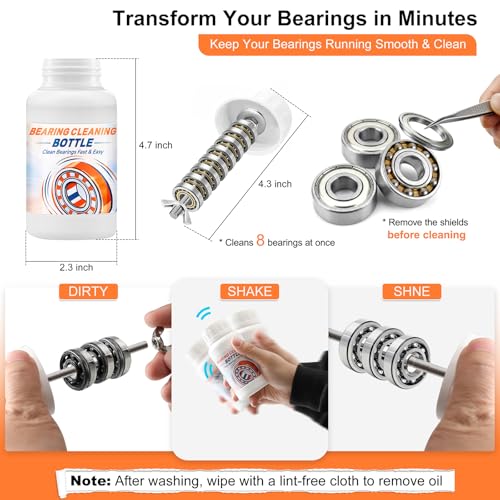 Skate Bearing Cleaning Kit – Portable Complete Bearing Maintenance System with Cleaning Bottle, 200ml Cleaner, 100ml Lubricant Oil, Bearing Press Puller & T Tool for Skateboard & Roller Skates