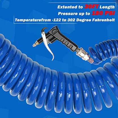 Heavy Duty Truck Air Duster Blow Gun Cleaning with 9 Meter Long Coil and 2 interchangeable nozzle tips- Blue Air Seat Blow Gun Kit - color: Blue