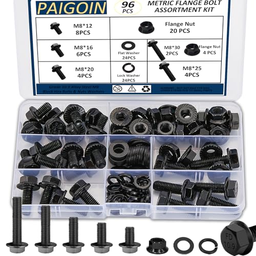 M8x1.25 Metric Flange Bolt Kit (12mm 16mm 20mm 25mm 30mm) 10.9 Grade Black Hex Bolts and Nuts Washers Kit-96Pieces - size: Flange Bolts-Metric M8