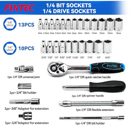 FIXTEC 31 Piece 1/4-Inch Drive Socket Ratchet Wrench Set, SEA and Metric Mechanics Tool Set with Quick Ratchet Handle (72-Tooth), Screwdriver Bit Set, Extension Bars, Universal Joint & Adapter