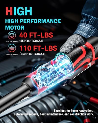 SOARFLY 3/8" Cordless Ratchet Wrench Set, Extended Electric Ratchet Wrench, 40 Ft-lbs (55 N.m), 450 RPM, 16.8V Wrench Ratchet Set with 2*2000mAh Lithium Batteries, Variable Speed, 7 Sockets, LED Light - color: Red