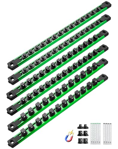 ALOANES Magnetic Socket Organizer Set, 6PC Heavy Duty Aluminum Socket Holder Organizer, 360° Swivel Clips Socket Holder Kit for Toolbox Drawer Fit 1/2, 3/8, 1/4-Inch x 80 Clips (Green, 6PC) - color: Green, size: 6PC, 1/2, 3/8, 1/4-Inch Drive