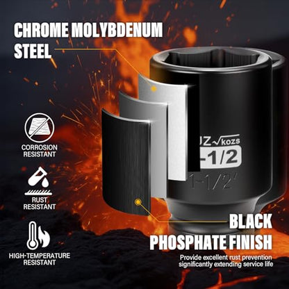1/2 Inch Drive 1-1/2 Inch Deep SAE 6 Point CR-MO Impact Socket | Radius Corner Design,Square Chamfered Opening,Axle Nut Impact Grade Socket for Easy Removal - size: 1/2” Drive 1-1/2 Deep, style: 1/2" Drive Deep Socket