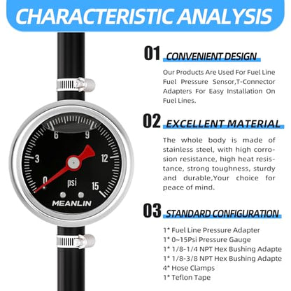 MEANLIN MEASURE 0-15Psi Stainless Steel Glycerin Filled Pressure Gauge 1/8" NPT 1.5" Black Dial, with 3/8" Barb Pressure Adapter Liquid Filled Pressure Gauge (9Pieces Kit, Back Mount) - size: 0-15Psi (Black Dial)