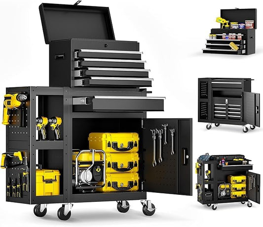 5 Drawers Rolling Tool Chest, Tool Box Protective Mat & Tool Rack, Garage Storage Cart with Side Cabinet, Detachable Top Metal Tool with Locking System for Garage - size: 5 Drawers-Black