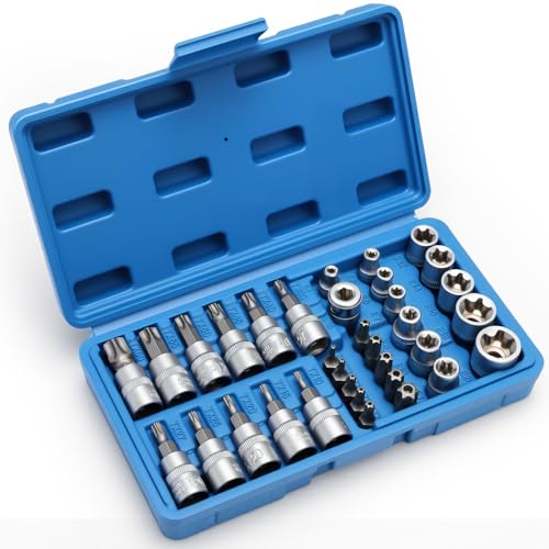 34-Piece 3/8'' Drive Torx Star Bit sockets CR-V E-Socket Set, E4-20, T10-60, Tamper Proof Set TT10-TT55, 5/16"F to 3/8"M adapter with Storage Case,S2 Steel, Ideal for Car,Trucks,Home Improvement | CR-V E-Socket Set, E4-20, T10-60, Tamper Proof Set TT10-TT