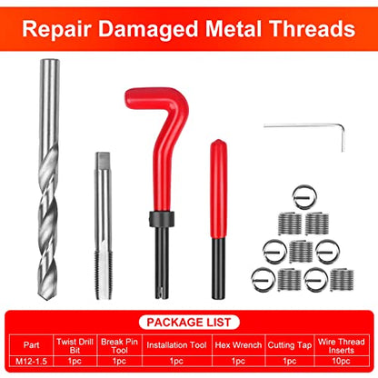 15PCS Metric Thread Repair Insert Kit M12*1.5mm Drill Bit Taps Tool | for Internal Screw Holes Repairing(Red) - size: Metric,M12×1.5mm