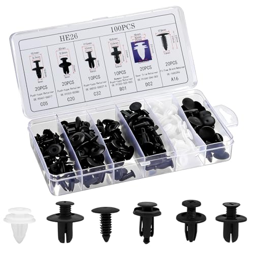 100Pcs Auto Body Panel Fasteners & Push Pin Rivets - 6 Sizes Bumper Fender Flare Retainer Clips. Plastic Expansion Screws Replacement for GM Ford Toyota Honda (100Pcs) - style: 100pcs