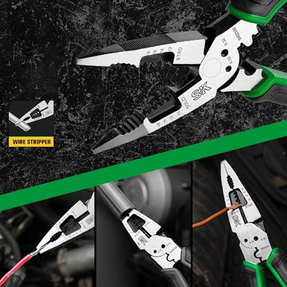 SK 8-Inch Multi-Use Long Nose Pliers, Needle Nose Pliers, 7-IN-1, Ergonomic Anti-slip Handle for Comfortable Grip - style: Multi-Use Long Nose Pliers