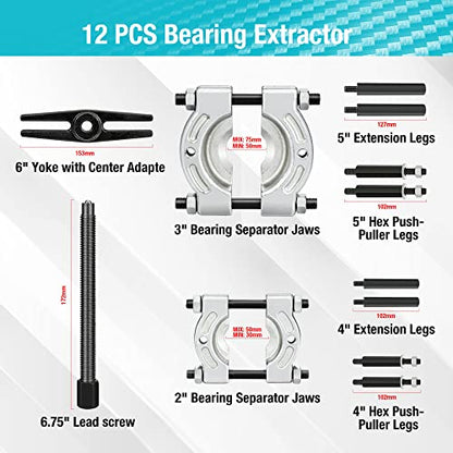 DURATECH 12PCS Bearing Puller Set, 5-ton Capacity Heavy Duty Flywheel Separator Tool, 2" and 3" Bar-Type Splitter Remove Bearings Kit, Gear Puller, Storage Case Included