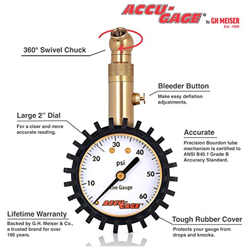 Accu-Gage RS60XA Professional Tire Pressure Gauge with Protective Rubber Guard (60 PSI) - size: 60 PSI