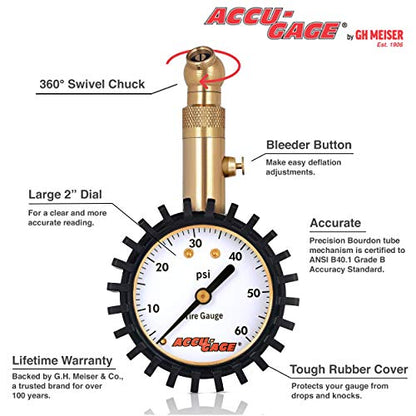 Accu-Gage RS60XA Professional Tire Pressure Gauge with Protective Rubber Guard (60 PSI) - size: 60 PSI