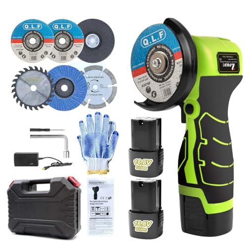 ZFULVO Cordless Brush Angle Grinder Kit, 19500rpm Mini Electric Angle Grinding Tool with 2pcs 16.8V 2000mAh Batteries and 6-Cutting Discs, Grinder Handheld Cutter for Metal Wood - color: Light Green