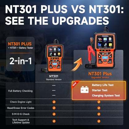 FOXWELL NT301 Plus 2-in-1 OBD2 Scanner & 12V Car Battery Tester | Check Engine Code Reader, Live Data, Test Battery Health/Starter/Charging System, Diagnostic Tool for 1996+ OBDII Vehicle