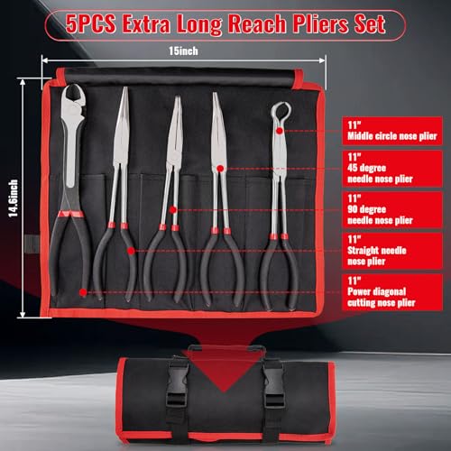 Needle Nose Pliers Set 5Pcs, Extra Long Reach Plier Set, 90°&45° Bent Nose Pliers, Circle Nose/Diagonal Pliers for Narrow Spaces, 11" Long Reach Straight Plier for Wire Bending, Trimming