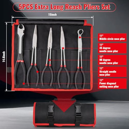 Needle Nose Pliers Set 5Pcs, Extra Long Reach Plier Set, 90°&45° Bent Nose Pliers, Circle Nose/Diagonal Pliers for Narrow Spaces, 11" Long Reach Straight Plier for Wire Bending, Trimming