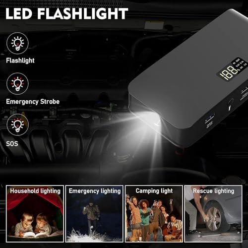 BOOKOO Car Battery Jump Starter 4000A,16000mAh Portable Battery Jumper Cables for Car 8L Gas 7L Diesel Engines,Jump Box with USB QC 3.0 PD 18W Fast Charging,3 LED Modes with SOS for Emergency Use - color: 16000mAh-Black