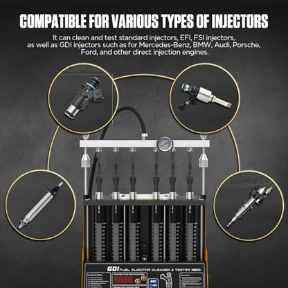 CT400 Fuel Injector Cleaner Tester Machine for GDI EFI FSI PIEZO Gasoline Injectors, 6-Injector Ultrasonic Cleaning and Testing Machine, 12/70/120V Injector Drive, 12 Functions, 110V