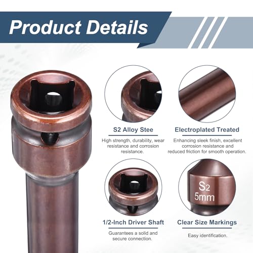 HARFINGTON 2pcs Impact Hex Bit Socket 1/2" Drive 5H (5mm) Hex Bits 6" Length S2 Steel Metric Impact Wrench Socket Adapter Tool for Automotive Repair Industrial Construction and Home DIY - size: H5 x 1/2" x 6"
