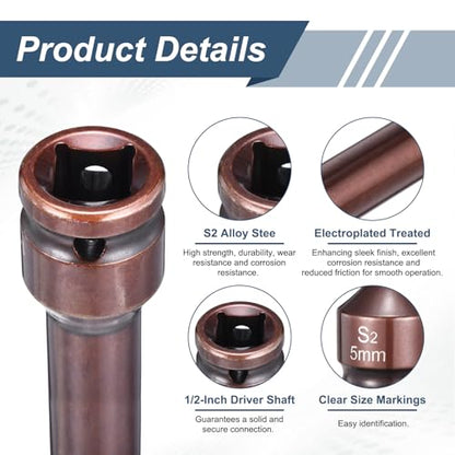 HARFINGTON 2pcs Impact Hex Bit Socket 1/2" Drive 5H (5mm) Hex Bits 6" Length S2 Steel Metric Impact Wrench Socket Adapter Tool for Automotive Repair Industrial Construction and Home DIY - size: H5 x 1/2" x 6"