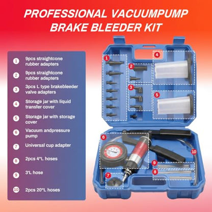 Handheld Vacuum Pump Brake Bleeder Kit, Multi-Functional Vacuum & Pressure Tester Set with Gauge, Hoses, Adapters and Fluid Reservoirs, for Automotive Brake, Clutch and Fluid Extraction ((23PC-Blue))
