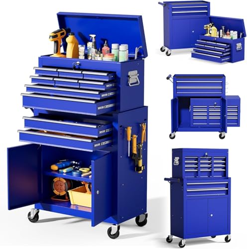 10-Drawer Rolling Tool Chest with Wheels, Rolling Tool Chest Heavy Duty, 2 in 1 Lockable Tool Box with Drawers, High-Capacity Mechanic Tool Organizer, Adjustable Shelf & Detachable Top Cabinet - color: Blue