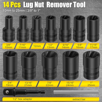 Topec 14PCS Lug Nut Removal Tool, 1/2" Drive Lug Nut Extractor Set, 10-25mm Stripped Lug Nut Remover Socket, Wheel Lock Removal Kit for Damaged, Rusted, Rounded Bolts, Tire Lug Nuts - size: 14 PCS
