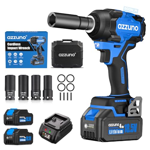 AZZUNO 1/2" Impact Wrench, 900N.m (665 Ft-lbs) Brushless Cordless Impact Driver, High Torque Electric Wrench With 2x 4.0Ah Battery, Charger & 4 CR-V Sockets, Led Light for Home Car Truck Tires - style: Max 665 Ft-lbs (900N.m)