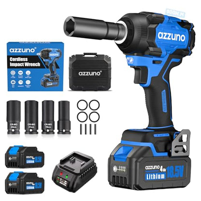 AZZUNO Impact Wrench, 1/2" Impact Gun,Power Impact Driver Torque 500N.m (369 Ft-lbs),20V Cordless Impact Wrench with 4.0Ah Battery,Charger, 25Pcs Bits & Sockets, Electric Impact Wrench for Home/Car