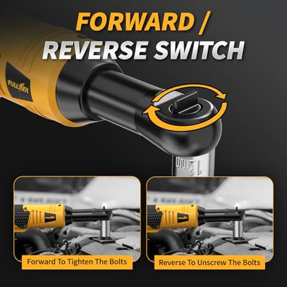 FULLYEA 3/8" Cordless Electric Ratchet Wrench Set, 550RPM, 40Ft-lbs, 16.8V Extended Power Ratchet Tool Kit with Variable Speed, 1/4" Adapter, 3" Extension Bar, 2*2.0Ah Battery and Fast Charger(Yellow)