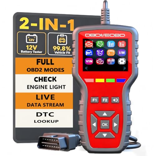 OBD2 Scanner and Battery Tester 2-in-1,Read and Clear Error Codes | Live Data, Freeze Frame,Car Code Reader and Engine Fault Diagnostic Tool for 1996+ OBDII Protocol Cars，red