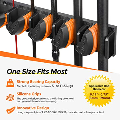 PLUSINNO V9 Vertical Fishing Rod Holders, Wall Mounted Fishing Pole Holders, Fishing Rod Rack Holds Up to 9 Rods or Combos, Fishing Rod Holders for Garage,Fishing Gear and fishing Gifts for Men - style: Orange 1-pack (store 9 combos)