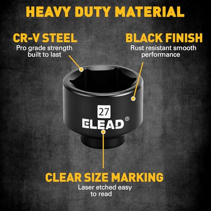 ELEAD 27 mm Oil Filter Socket Wrench, Metric Oil Filter Wrenches, 3/8'' Drive 6-Point Oil-Filter Removal Tool, Low Profile Design for Easy Removal, Chrome Vanadium Steel Oil-Change Tool - style: 27mm
