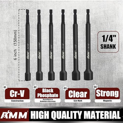 AMM 8PCS SAE Magnetic Nut Driver Set for impact drill, Long Nut Drivers 6 INCH (1/4" - 9/16"), 1/4” Hex Shank Nut Driver Bit， Cr-V Steel