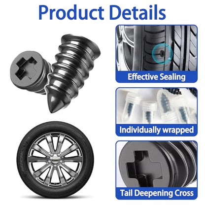 Tire Repair Rubber Nail Kit, 40 PCS Screw-In Tire Plugs with Installation Tool, 2 Sizes Rubber Tire Repair Screws for Tubeless Tires, Fast Emergency Flat Tire Repair for Car, Motorcycle, Bike & Truck