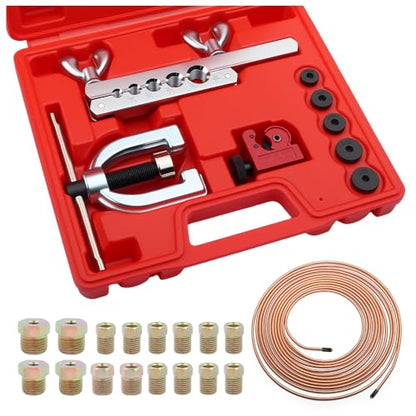 Single & Double Brake Line Flaring Tool Kit with 5 Adapters,25FT 3/16 Brake Line Kit with 16 Fittings,Copper Coated Brakes Lines Repair Kits for Automotive,Fuel,Hydraulic Systems