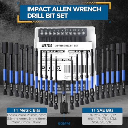 VESTTIO 23PCS 4 inch Hex Bit Set, Metric & SAE Allen Wrench Drill Bit Set, 1/4" Hex Shank S2 Steel Magnetic Allen Key Bits for Power Drill Screwdriver Impact Driver
