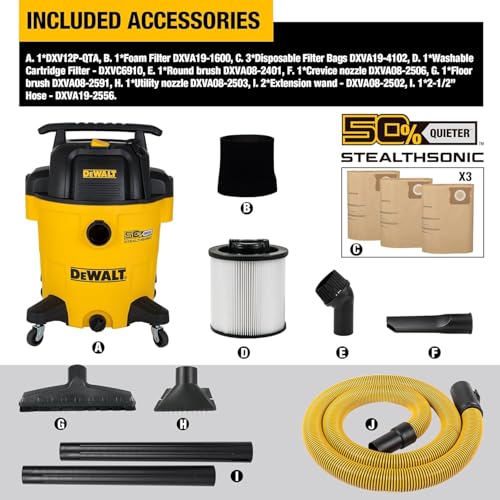 DEWALT 12 Gallon STEALTHSONIC Ultra Quiet Poly Wet Dry Vacuum, DXV12P-QTA Powerful Suction Noise Reduction Vac, 5.5 Peak HP Shop Vacuum for Jobsite/Workshop, Reduce Motor Noise - size: 12 Gallon