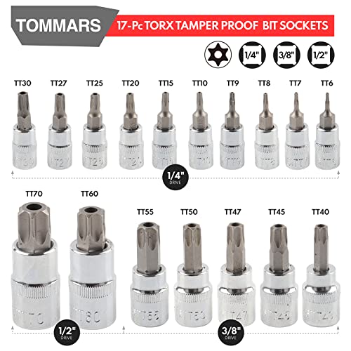 TOMMARS 60-Pc Master Torx Bit Socket & External Socket Set | 1/4", 3/8", 1/2" Drive, S2 Steel Bits, CRV Sockets, E4-E24, T6-T70, TT6-TT70, TP8-TP60 - style: Torx Bit Socket and External Torx Socket Set