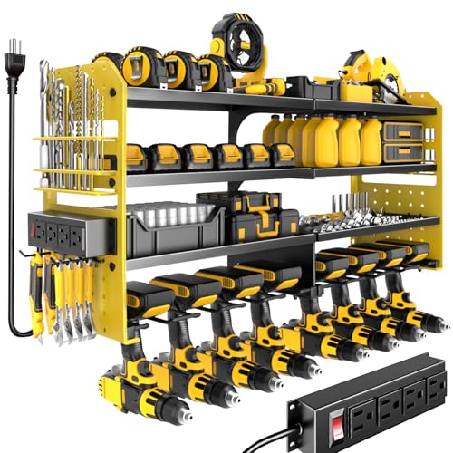 Power Tool Organizer Wall Mount with Charging Station,4 Layer Heavy Duty Metal Storage Rack with 8 Cordless Drill Holder,Battery Utility Rack Gift for Garage workshops Room(Yellow) - color: Yellow-1