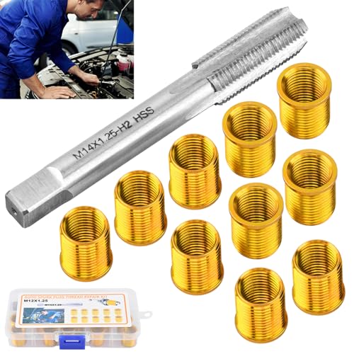 NINEFOX Spark Plug Thread Repair Kit Insert and Tap Set M12x1.25 | 11 piece spark plug rethreading kit with 10 inserts and 1 tap for cylinder head thread repair on cars, trucks, and generators - size: M12x1.25