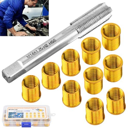 NINEFOX Spark Plug Thread Repair Kit Insert and Tap Set M12x1.25 | 11 piece spark plug rethreading kit with 10 inserts and 1 tap for cylinder head thread repair on cars, trucks, and generators - size: M12x1.25