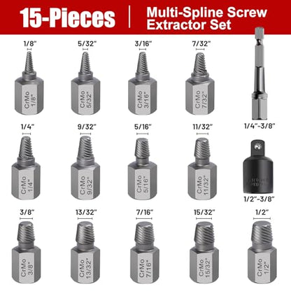 15 Pieces Screw Extractor Set, Easy Out Bolt Extractor Kit, 3/8" Inch Drive Hex Head Multi-Spline Bolt Remover Kit Tool for Removing Stripped, Broken Rusted Bolts Screws - size: 15PCS