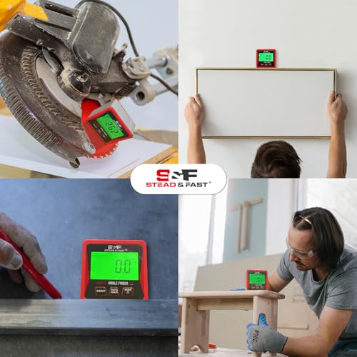 S&F STEAD & FAST Digital Angle Finder Magnetic with Case & Backlit LCD | Self-inverting display, ±0.2° accuracy, Absolute & Relative, Hold & Zero, Auto-off, for Woodworking, Plumbing & Construction - color: Red