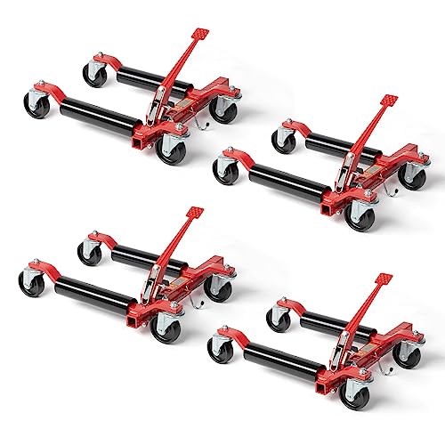 TUFFIOM Car Wheel Dolly Jack Set of 4, Mechanical 6000-lbs Car Skates, 12'' Wheel Vehicle Positioning Jack, Heavy Duty Rollers with Ratcheting Foot Pedal for Tire Auto Repair Moving, Red - color: Red, Set of 4