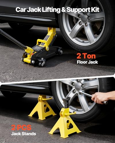 VEVOR Low Profile Floor Jack, 2 Ton (4400 lbs) Capacity, Steel Racing Floor Jack with Stands, Single Piston Quick Lift Pump, Hydraulic Trolley Car Lift for Compact SUVs, Lifting Range 5.1-12.2 Inches